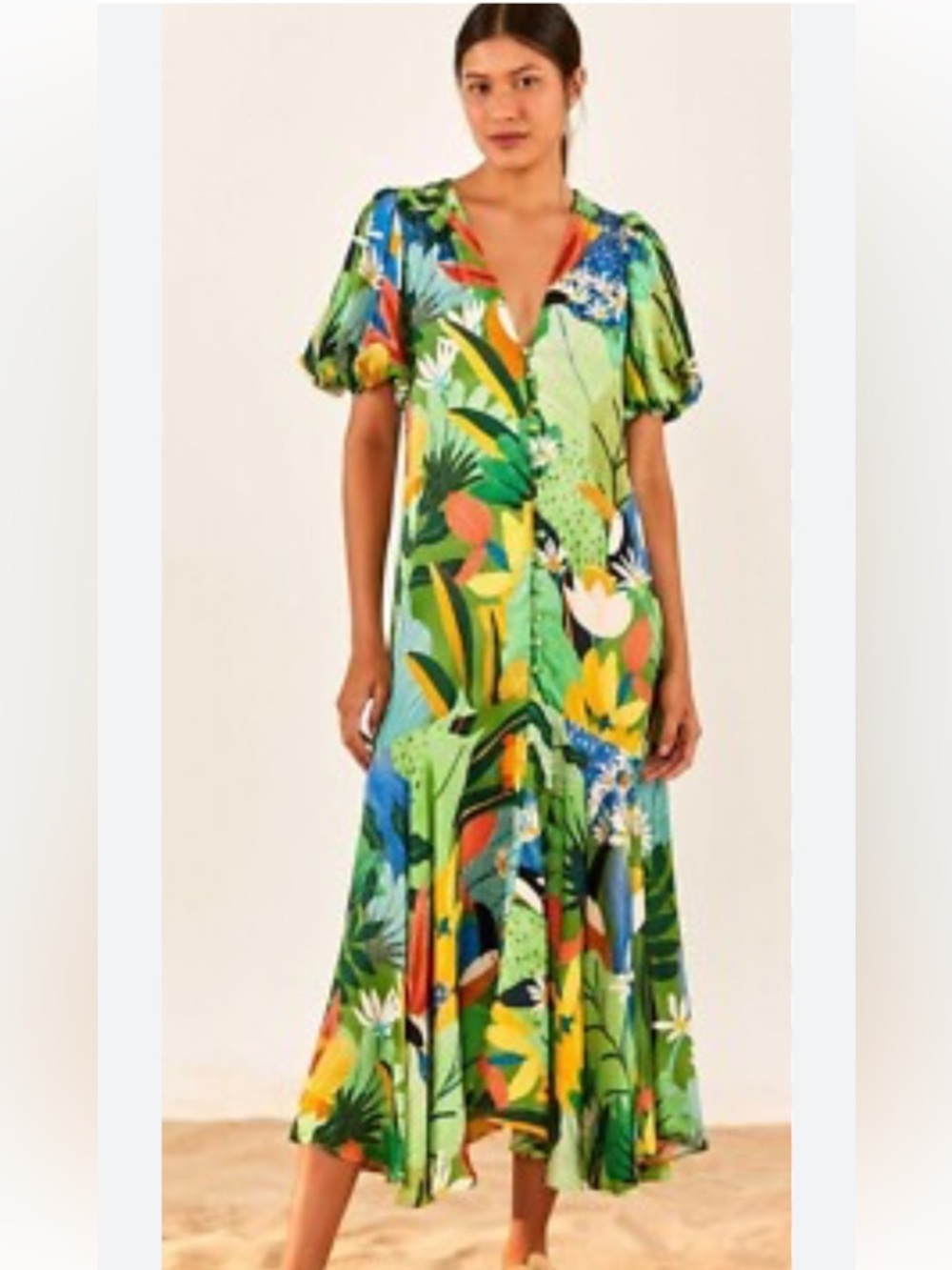 NWOT FARM RIO  UNIQUE TROPICAL FLORAL MIDI DRESS IN SIZE XS. Vacation Ready!